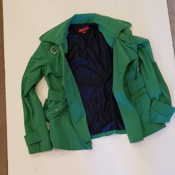 Merona Green Trench Coat with Belted Waist and Wide Lapels - Picture 9 of 11